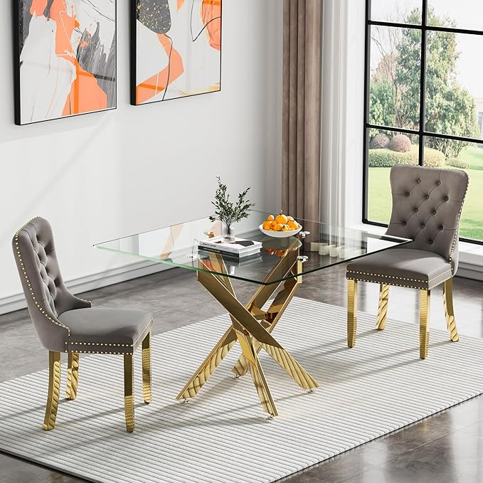 Glass Dining Table Set for 2, Square 36" Dining Table with Gold Cross Metal Leg, 2 Gray Velvet Dining Chairs with Stainless Steel Legs, Modern Glass Kitchen Table and Chairs Set for Small Space