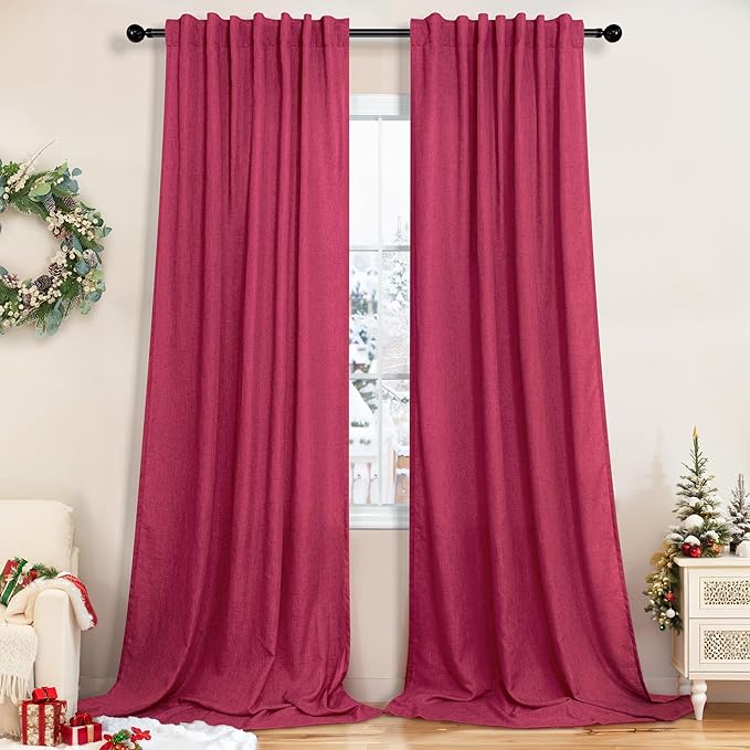 Pitalk Hot Pink Semi Sheer Curtains 96 Inch Long 2 Panel Set Rod Pocket Back Tab Linen Light Filtering Room Decor Magenta Curtain Drapes for Living Room 52x96 Celling to Floor Length Raspberry Fuchsia