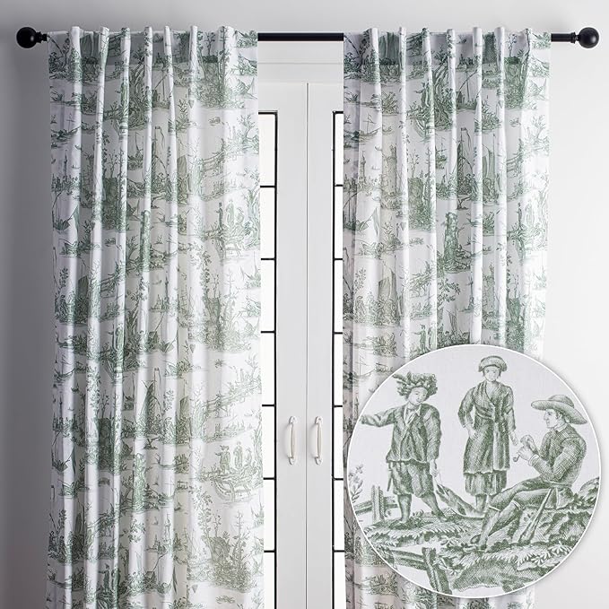 Maison d' Hermine Curtains for Living Room 100% Cotton 84 inch Length Two Panels Light Filtering Toile Curtains with Rod and Loop Pockets (Calais Antique Green (White Background), 50" W x 84" L)