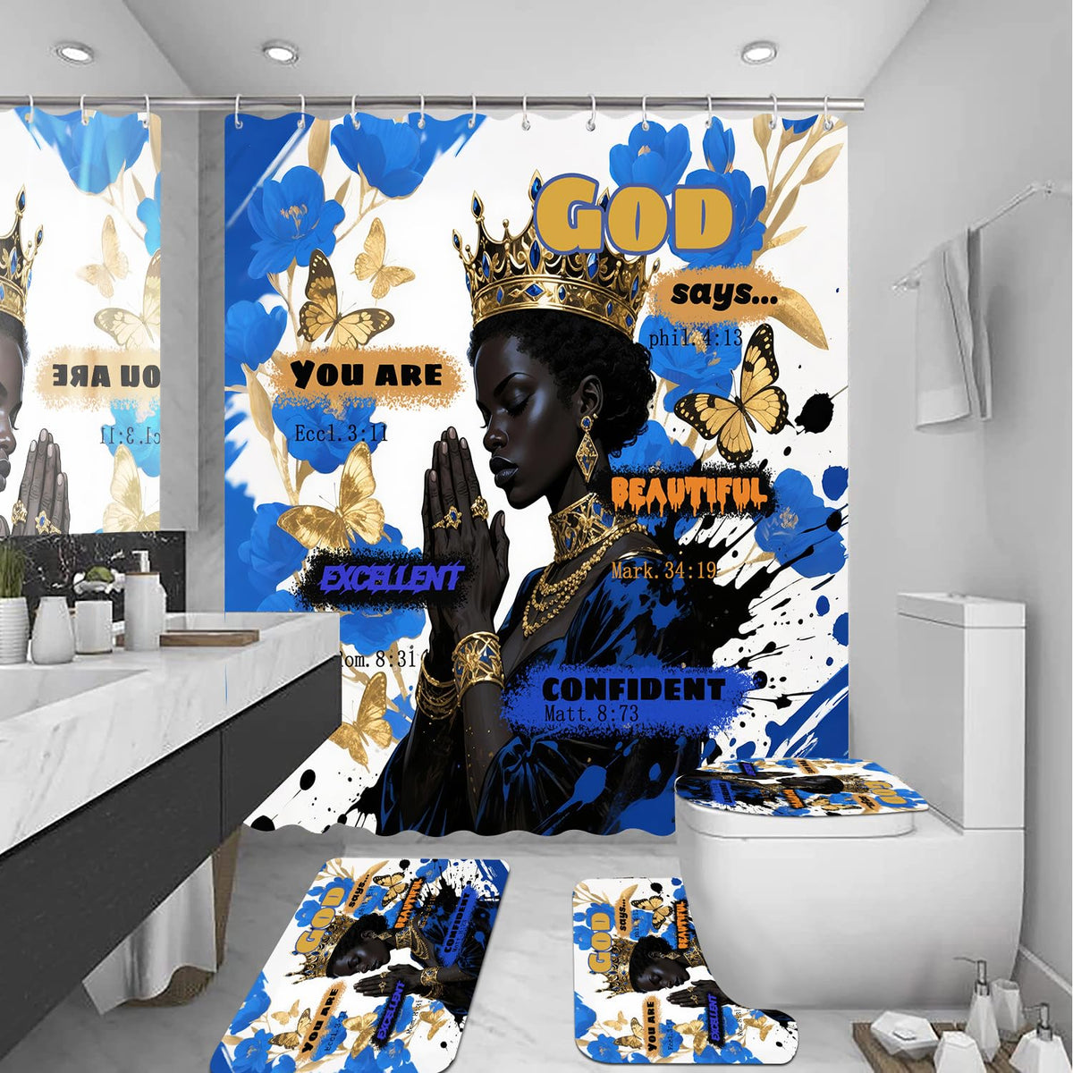 4 PCS Black Queen Shower Curtain Set with Waterproof Shower Curtain Non-Slip Bath Mat Rug Toilet Lid Cover, Fathers Day Inspirational Quote Africa American Blue Flower Woman Bathroom Decor Set