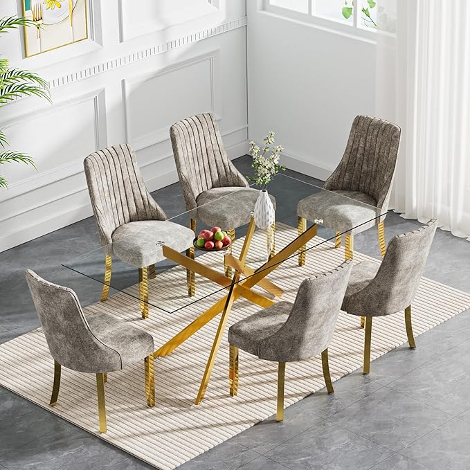 Rectangle Glass Dining Table Set for 6, 52'' Kitchen Table and Chairs Set, 7PCS Modern Dining Room Table Set with 6 Dining Chair for Home