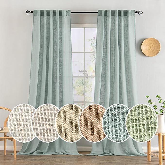 MIULEE Sea Green Linen Curtains 108 Inches Long for Bedroom Living Room, Soft Thick Linen Textured Window Drapes Semi Sheer Light Filtering Back Tab Rod Pocket Burlap Look Aqua Decor, 2 Panels
