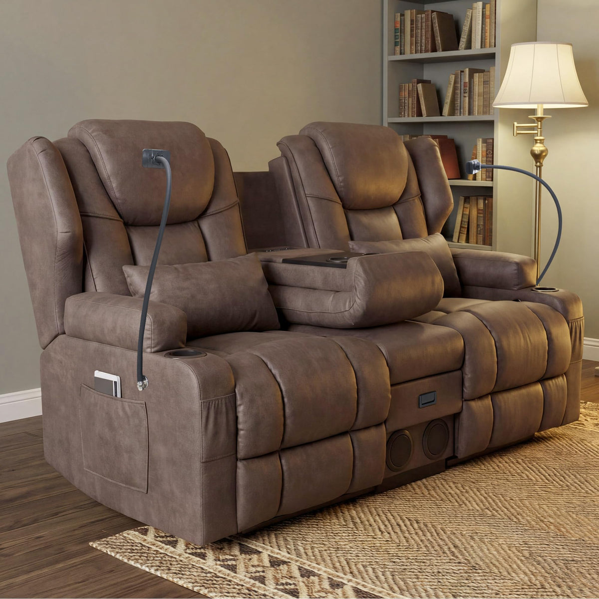 Roomark Loveseat Recliner with Massage and Heat, Wall Hugger Manual Recline sofa for RV, Home Theater seating,Living Room,Small Space Apartment, Bluetooth Speakers and Cup Holders Included,Misty Brown