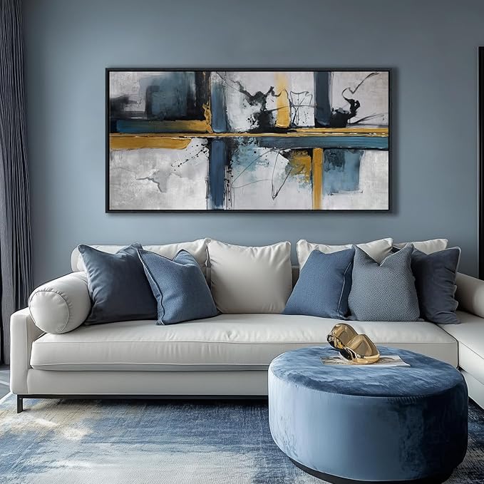 Abstract Canvas Wall Art Framed Modern Wall Art for Living Room Navy Blue Artwork for Walls, Above Bed Wall Decor With Navy and Gold for Bedroom and Living Room Office Pictures Wall Decor 24×48IN