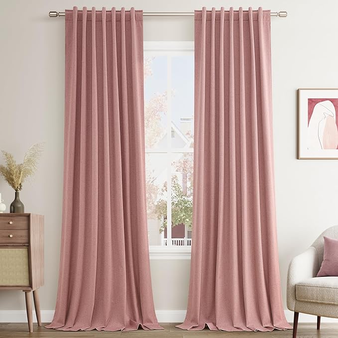 Guken Linen Blackout Curtains 108 Inch Length 2 Panels Set for Living Room Bedroom Back Tab Thermal Insulated 100% Black Out Linen Drapes Room Darkening Window Curtains 108 Inches Long, Ash Rose