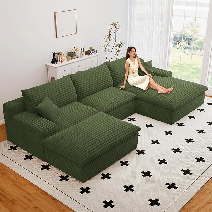 107" Cloud Couch Modular Sectional Sofa for Living Room, U-Shape Boneless Couch with Deep Seat, Modern Corduroy 3-Seater with Ottoman, No Assembly Required (Green,Right-Facing Chaise)