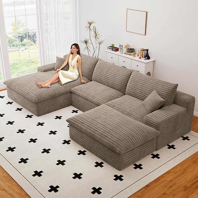 107" Cloud Couch Modular Sectional Sofa for Living Room, U-Shape Boneless Couch with Deep Seat, Modern Corduroy 3-Seater with Ottoman, No Assembly Required (Camel,Left-Facing Chaise)