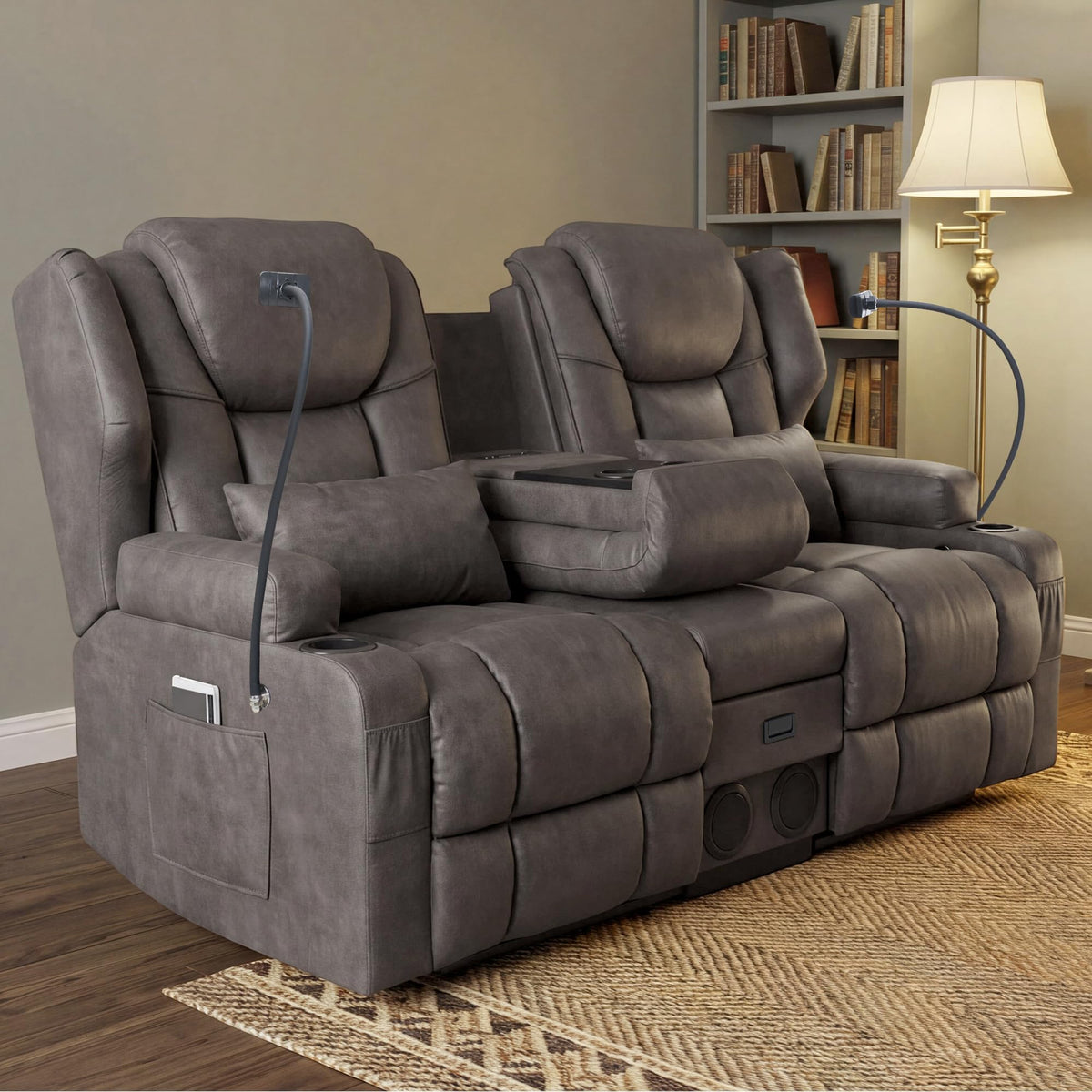 Roomark Loveseat Recliner with Massage and Heat, Wall Hugger Manual Recline Sofa for RV, Home Theater Seating,Living Room,Small Space Apartment, Bluetooth Speakers and Cup Holders Included,Misty Grey