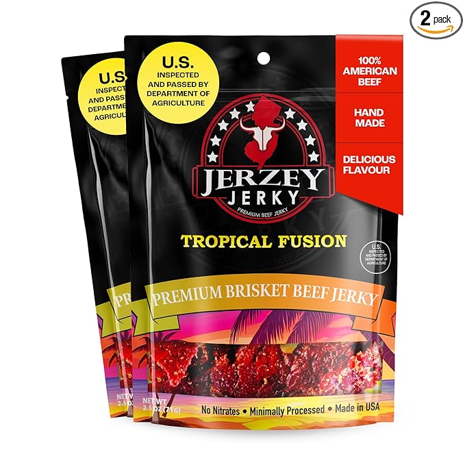 Jerzey Jerky Tropical Fusion Brisket Jerky 2.5oz (2 Pack) – High Protein, Gluten Free and Healthy Beef Snacks with Rich, Authentic Flavor