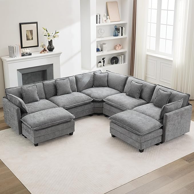 137'' V Shaped Cloud Sectional Sofa, Oversized Deep Seat Couches for Living Room, Chenille Comfy Upholstered Modular Sectional Sofa Couch with 2 Movable Ottoman, Grey