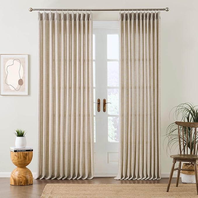 Beige Sheer Pinch Pleated Curtains 96 Inches Long 2 Panels,Back Tab Pleated Drapes Hooks Thick Linen Textured Boho Farmhouse Curtain for Dining Bedroom 70 Inch Wide Each Panel