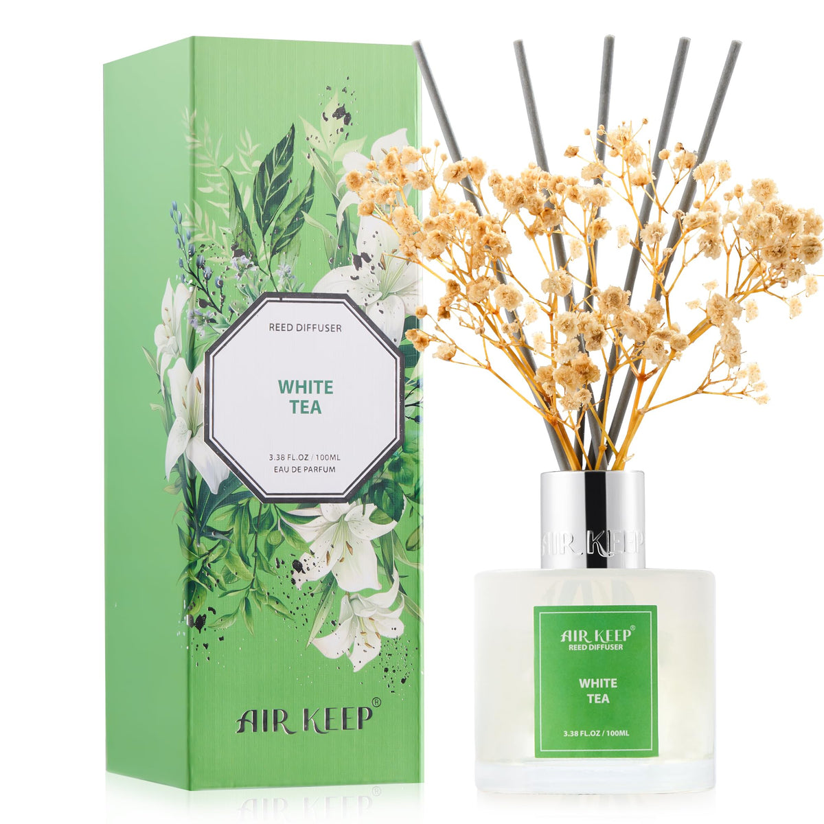 Airkeep Reed Diffuser Set,3.38 fl oz (100 ml) - White Tea Oil Diffusers with 8 Reed Sticks, Home Fragrance Reed Diffuser for Bathroom Shelf Decor