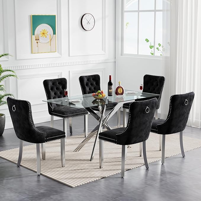 51" Glass Dining Table Set for 6, Modern Dining Room Table Set for 6, Silver X-Shape Pedestal Glass Table with 6pcs Black Dining Chairs, 7 Piece Dining Set for Dining Living Room