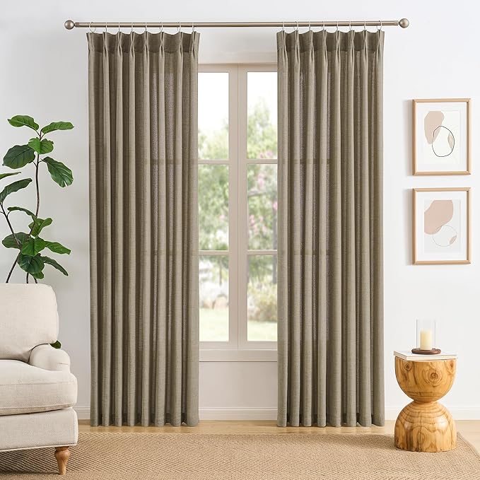Custom Length Curtains 92 Inches Long,Pinch Pleated Linen Blend Back Tab with Hooks Boho 70s Curtains for French Door Living Room W50 x L92 Khaki