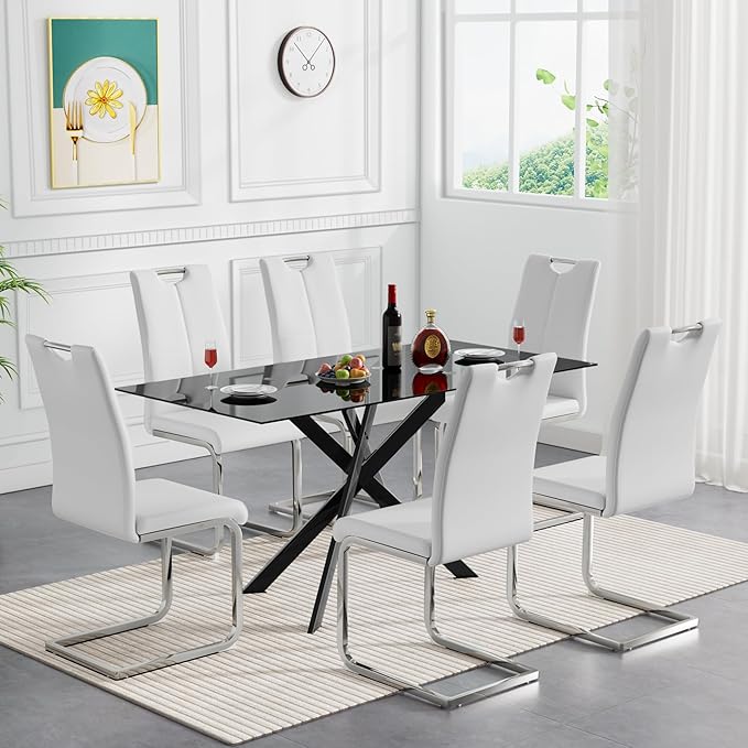 HomVent 7 Pieces Rectangular Glass Dining Table Table Set, Black Glass Dining Table Set for 6 Kitchen Table Set with 6 PU Dining Chairs for Kitchen Dining Room (Black3-Table with 6 White Chairs)