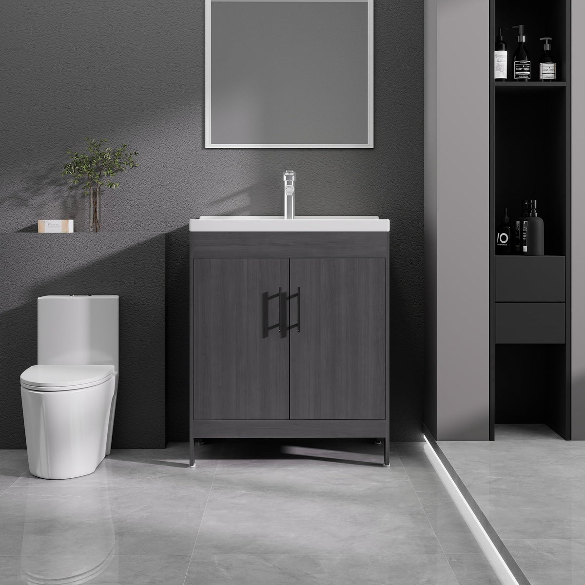 Fcacti 32 Inch GreyWalnut Freestanding Bathroom Vanity with Ceramic Sink