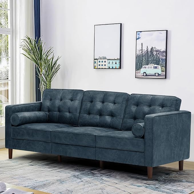 84" Suede Leather Sofa with 2 Soft Pillows, Tufted Modern Sofa with Sturdy Wooden Legs, 3 Seats Couch for Living Room, Office, Bedroom, Blue