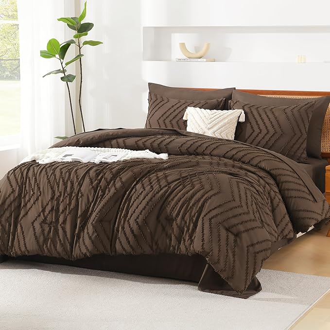Litanika Oversized Queen Size Comforter Set with Sheets Brown - 7 Pieces Bed in a Bag Oversized Queen Boho Tufted Complete Bedding Sets with Comforter, Sheets, Pillowcases & Shams