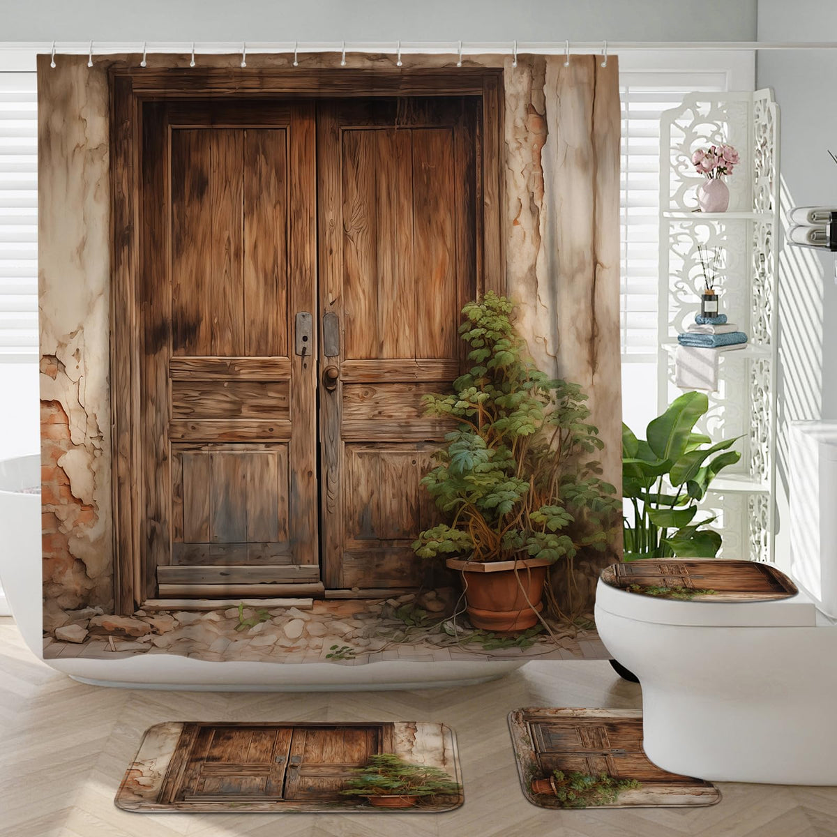Witzest 4Pcs Wood Barn Door Shower Curtain Sets with Non-Slip Rug, U Shape and Toilet Lid Cover Mat, Farmhouse Home Bathroom Decor Set Accessories with 12 Hooks, 72 x 72 Inch