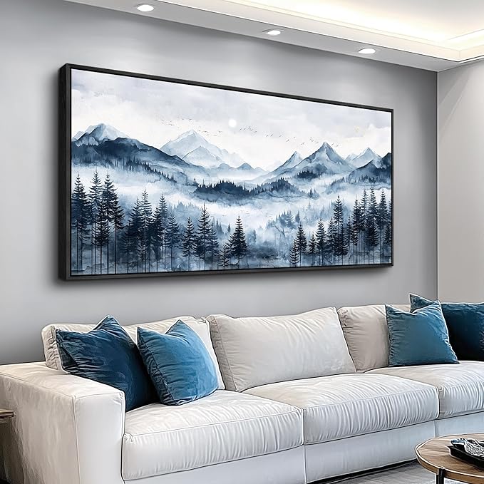 ERQINHUA Black Framed Canvas Wall Art For Bedroom Large Wall Decor For Living Room Modern Office Home Decorations Printed Misty and Fog Forest Painting Mountain Landscape Wall Aesthetics 24x48 In