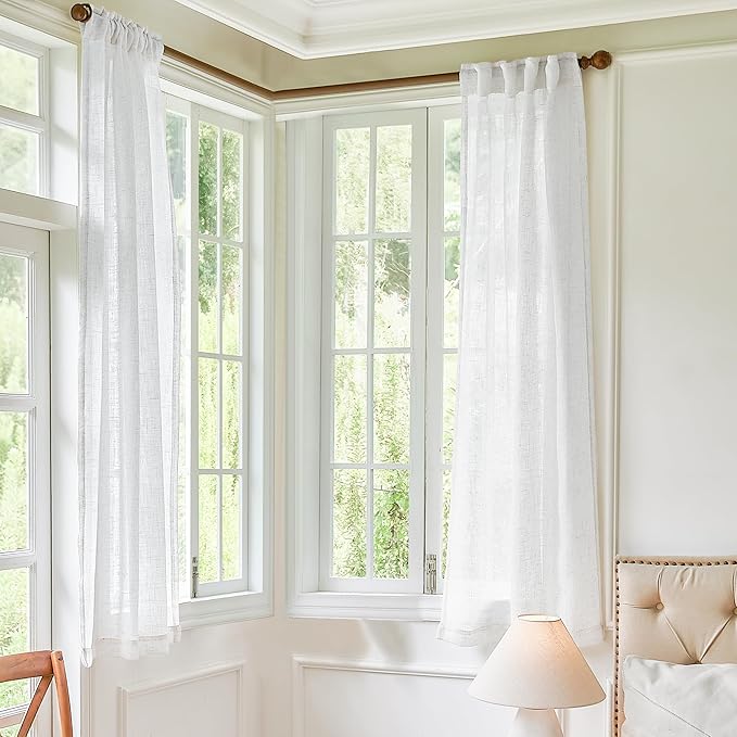 45 Inch Length Greyish White Sheer Linen Curtains for Kitchen Bedroom Bathroom Window,34 Inch Width Pocket Back Tab Semi Privacy Short Drapes for Laundry Basement Farmhouse Decor 34x45 Inch Length