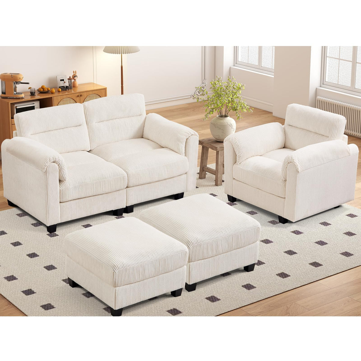 HAOMARKETS Corduroy 4-Piece Sofa Set, Upholstered Ottoman Set of 2, Accent Chair and Loveseat 2-Seater Sofa Couches with Plush Cushions and Rolled Arms, Modern Living Room Furniture Sets, Beige