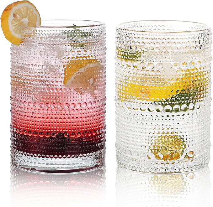 Hobnail Drinking Glasses Set of 2, 16 Oz Vintage Embossed Glass Cup Water Glasses Kitchen Glassware for Cocktails, Beer, Juice, Whiskey