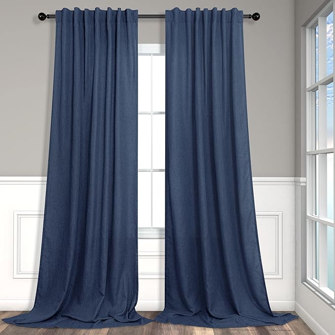 Pitalk 102 Inch Curtains Navy Blue Linen Drape for Bedroom 2 Panel Back Tab Loop Pocket Cotton Textured Semi Sheer Lightweight Dark Blue Indigo Curtain for Living Room Bay Window Nautical Decor 52x102