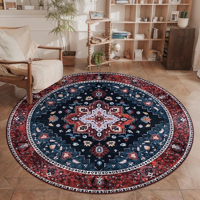 Ciicool Boho 5x5ft Round Area Rug Washable Bedroom Rug Non-Slip Oriental Entryway Throw Rug Low-Pile Indoor Carpet for Dining Room