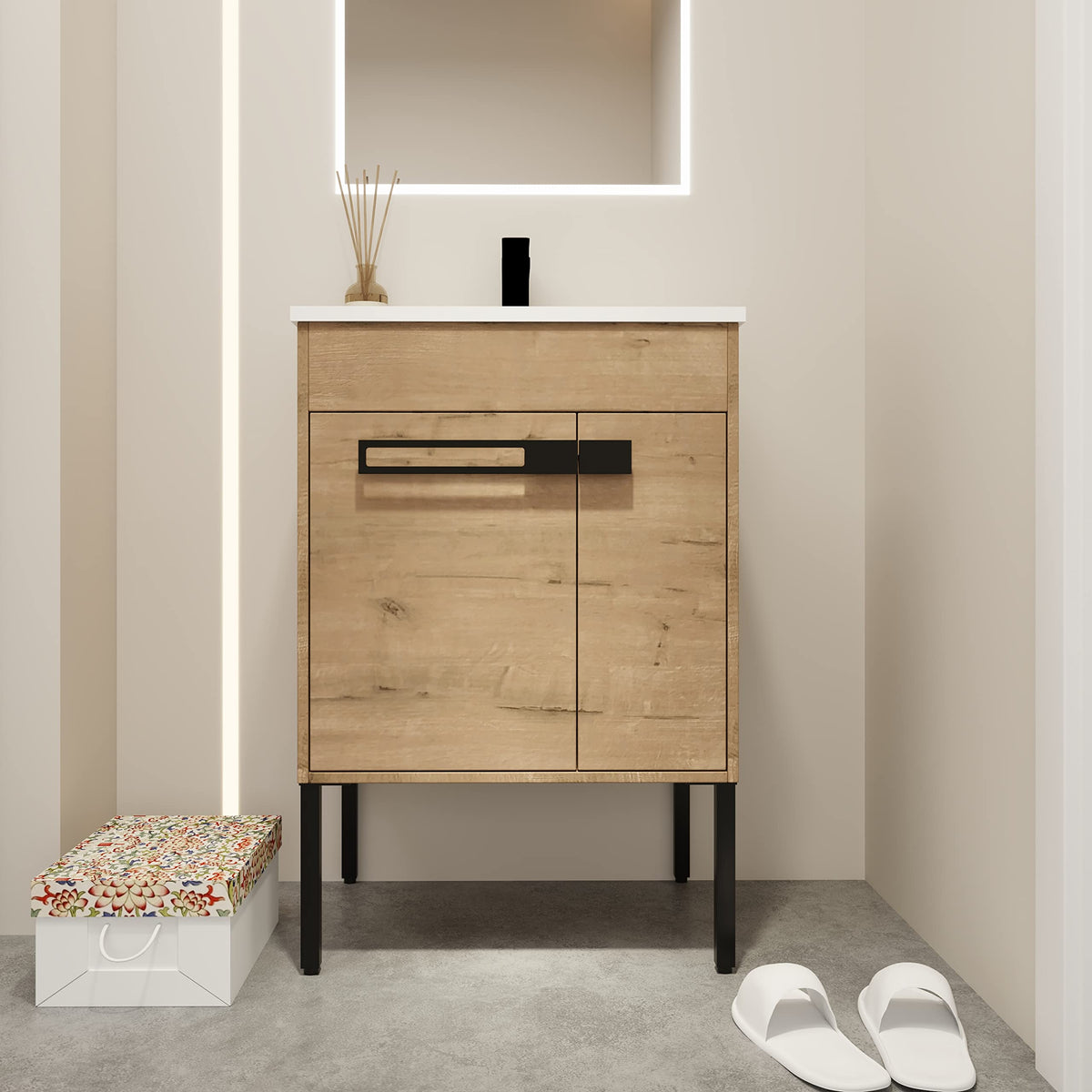 Henf 24inch Bathroom Vanity with Sink, Floating/Freestanding Bathroom Vanity with 2 Soft Close Doors&1 Adjustable Shelf Modern Bathroom Cabinet with Ceramic Basin Sink for Washroom