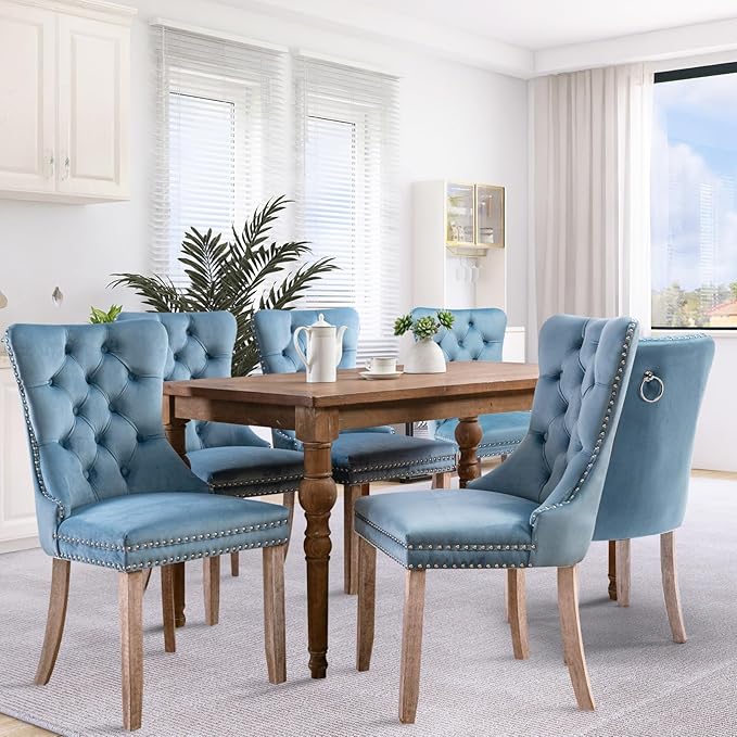 SoarFlash Velvet Dining Chairs Set of 6, Tall Back Side Chair, Modern Upholstered High-end Tufted Side Chair with Button Back Ring, Solid Wood Legs (Sky-Blue)
