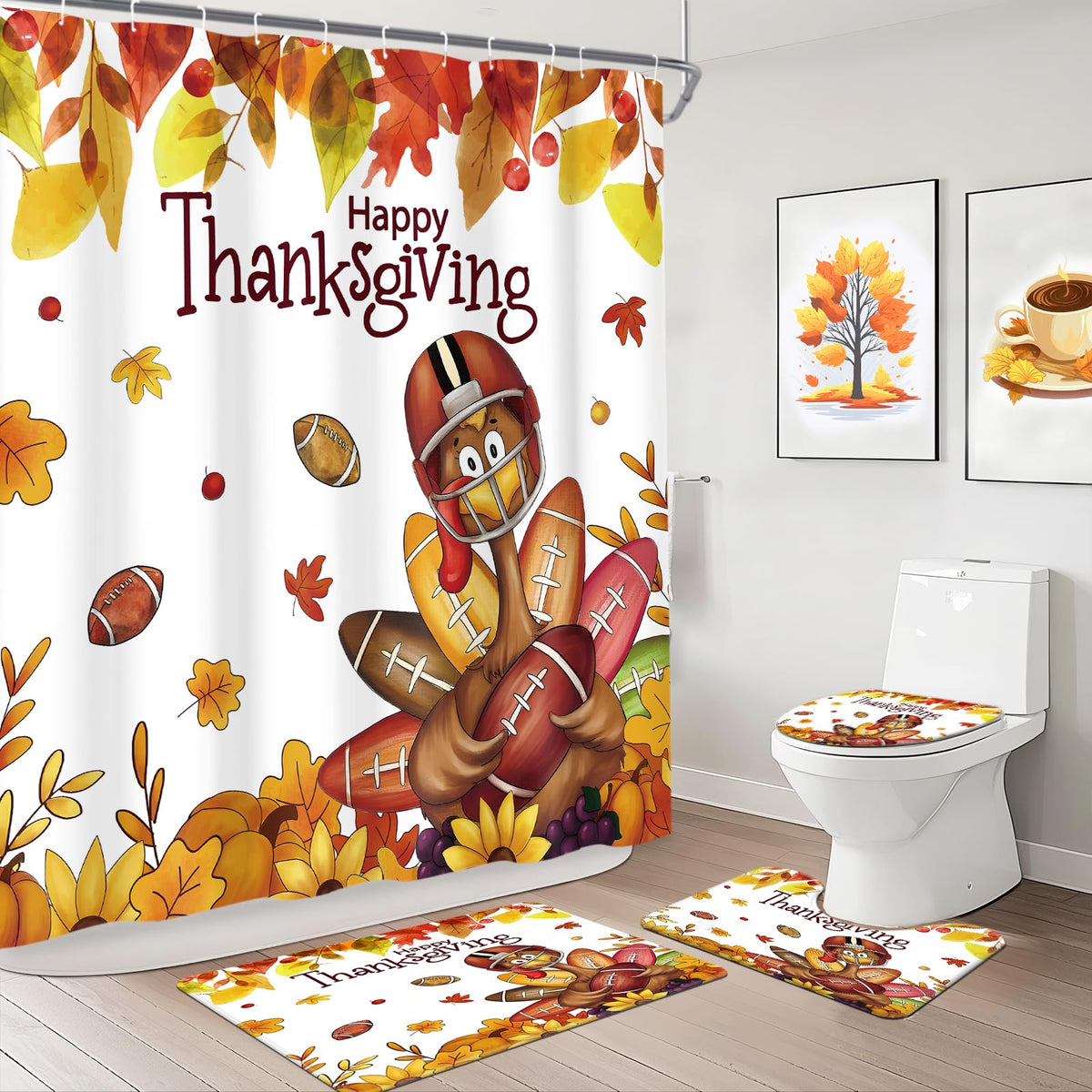 MEHOFOND Thanksgiving Shower Curtain Sets Fall Pumpkin Football Turkey Bathroom Curtain Decor Sets with Rugs Fall Maple Leaf Bathroom Set with Non-Slip Rugs,Toilet Lid Cover, Bath Mat and 12 Hooks