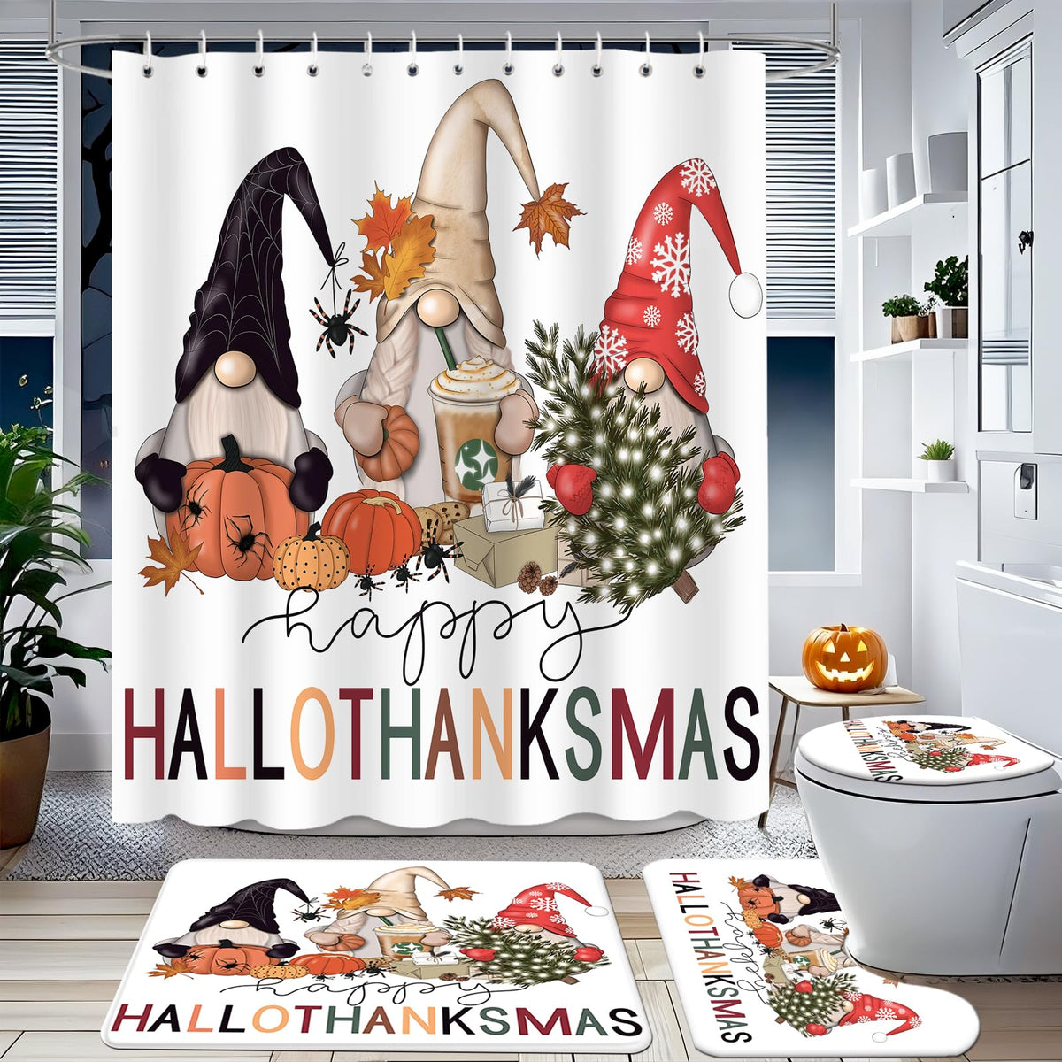 MEHOFOND Halloween Gnome Shower Curtain Sets 4 Pcs Fall Pumpkin Bath Set
