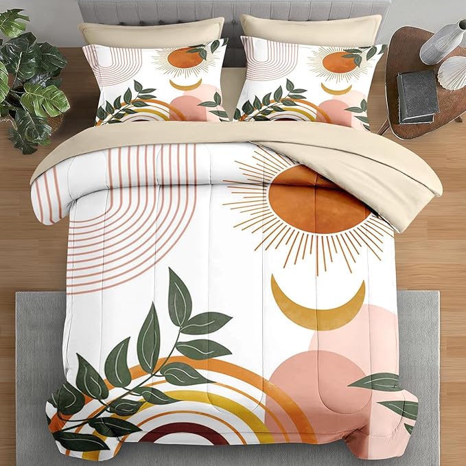 Comforter Set Twin Size, Tarot Boho Retro 5 Pcs Bedding for Kids and Adults, Vintage Sunshine Bed Sheet Sets with Fitted Sheet Pillowcase & Sham for Bedroom Bed Decor