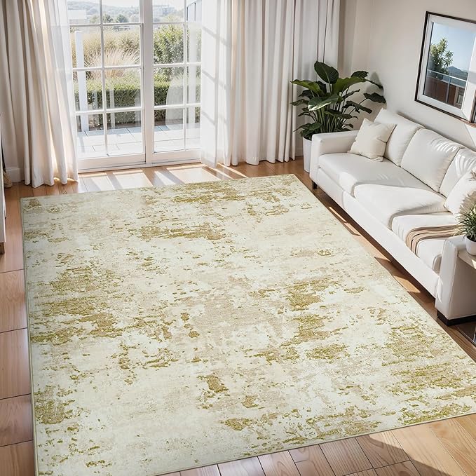 Modern Abstract Area Rug 9x12 Non Slip Non Shedding Rug Low Pile Stain Resistant for Bedroom Living Room,Golden Grey