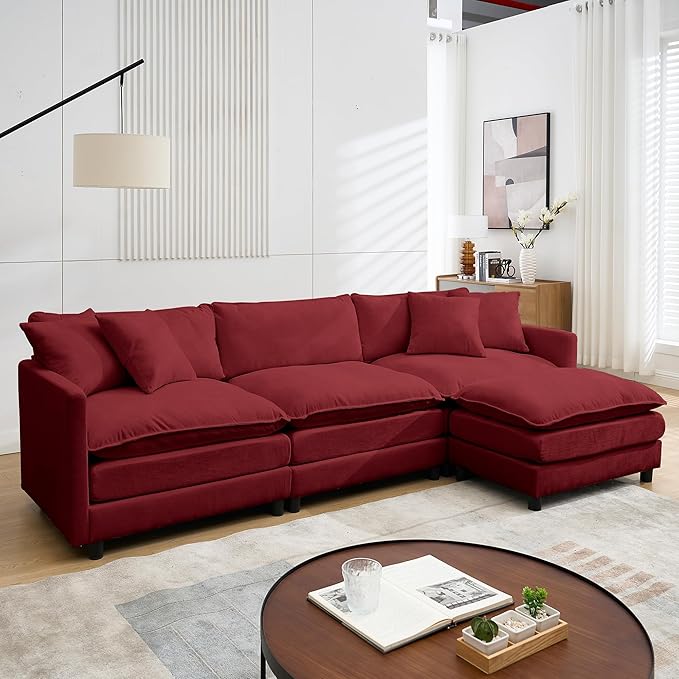 Modular Sectional Sofa,108.27'' Modern Sofa Sleeper Couch with 3 Seat & 1 Ottoman & 3 Pillows Sofa Set, Comfy Cloud Couches with Movable Ottoman for Living Room,Chenille (Wine red, L Shaped)