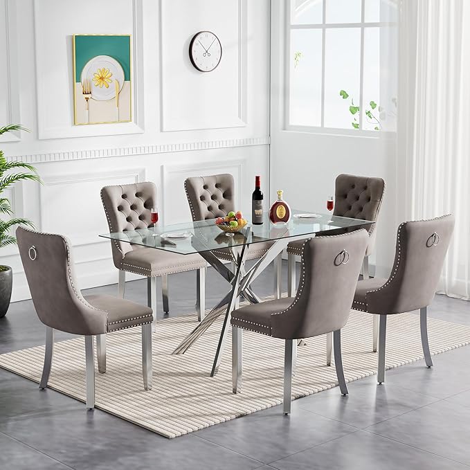 60" Glass Dining Table Set for 6, Modern Dining Room Table Set for 6, Silver X-Shape Pedestal Glass Table with 6pcs Gray Dining Chairs, 7 Piece Dining Set for Dining Living Room
