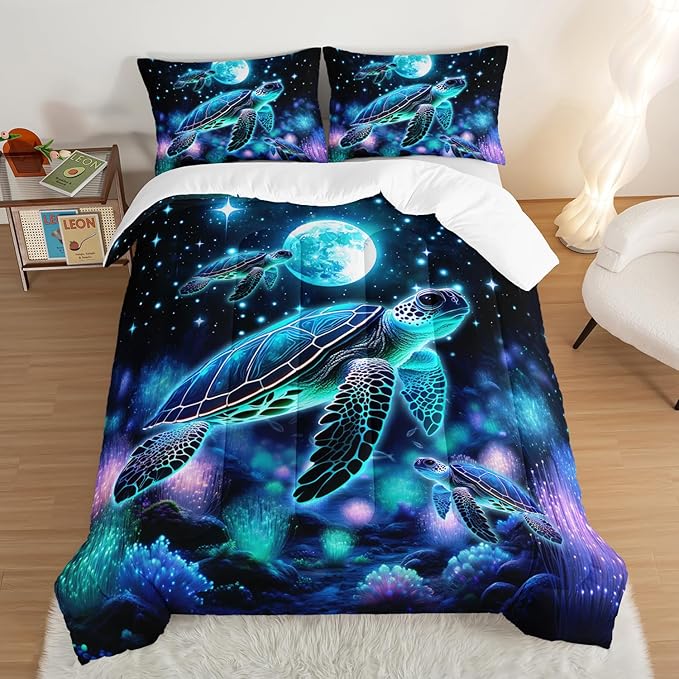 Sea Turtle Comforter Kids Bedding Set Full Size,Glowing Waterweed Moon Flash Print Comforter Set for Kids Teens Boys Girls Room Decor,Nautical Reptile Animal Bedding Set with 2 Pillowcases.
