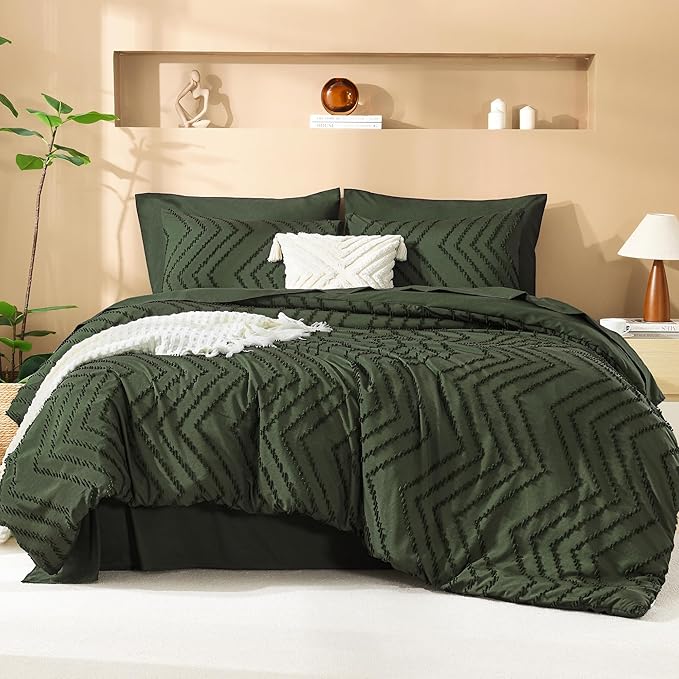 Litanika Full Size Comforter Sets with Sheets Dark Olive Green - 7 Pieces Bed in a Bag Full Chevron Tufted Complete Bedding Sets with Comforter, Sheets, Pillowcases & Shams