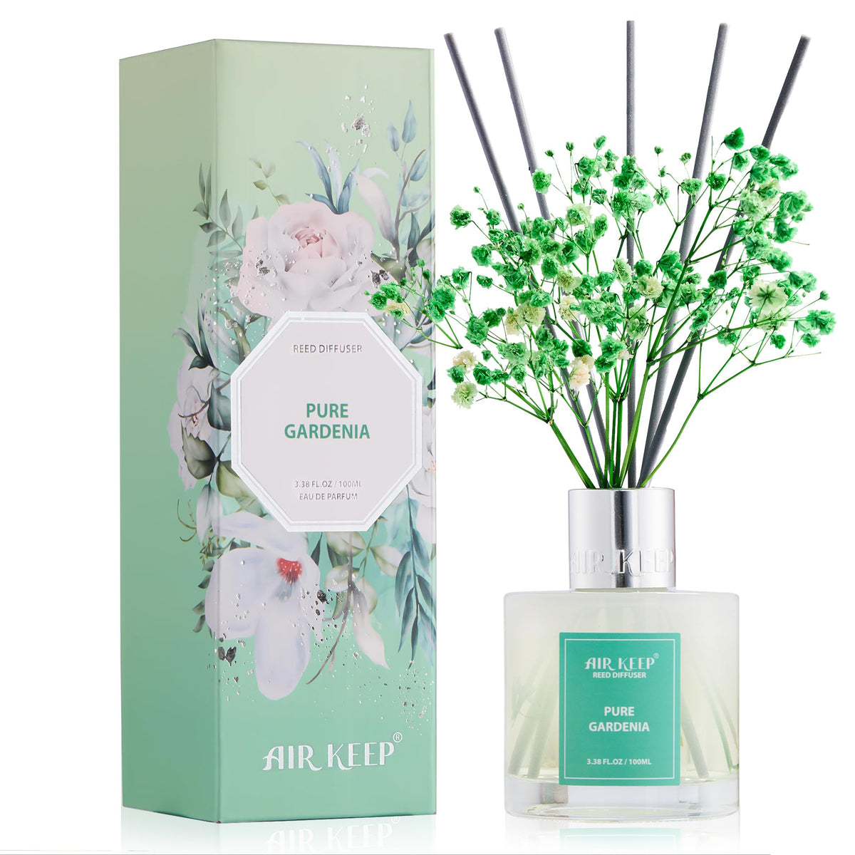 Airkeep Reed Diffuser Set,3.38 fl oz (100 ml) - Pure Gardenia Oil Diffusers with 8 Reed Sticks, Home Fragrance Reed Diffuser for Bathroom Shelf Decor