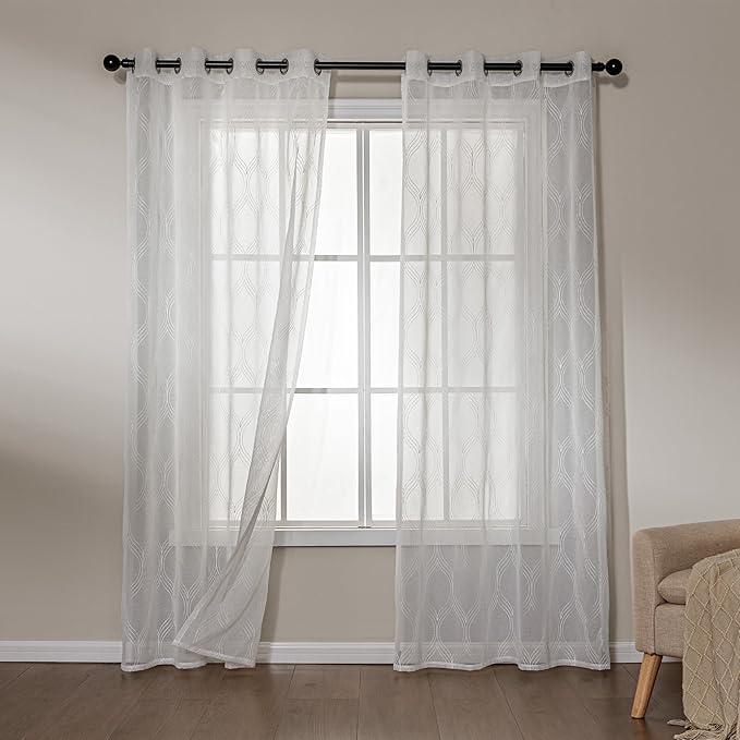 Amazon Basics 2-Piece Embroidery Sheer Curtain Set, Light Filtering Hollow Drapes for Living Room and Bedroom, 42" W × 84" L, White Classic Waves