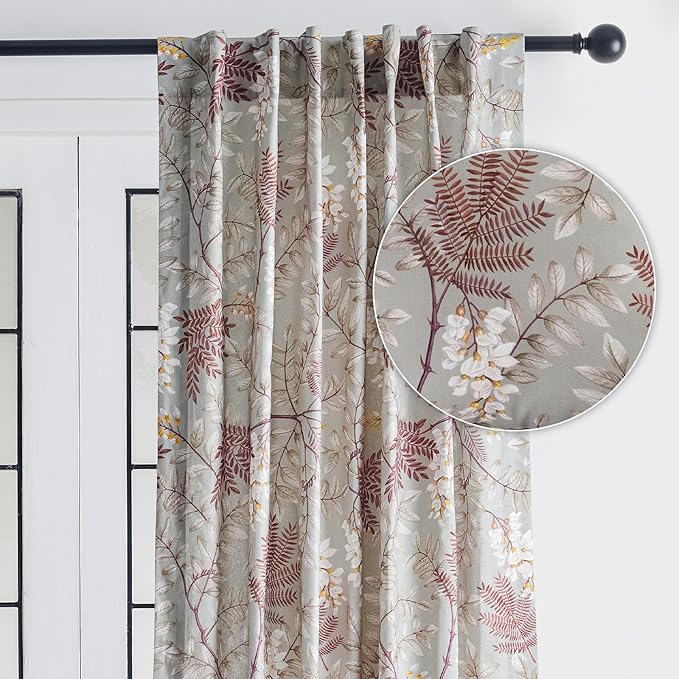 Maison d' Hermine Curtains for Living Room 100% Cotton 108 inch Length One Panel Light Filtering Curtains for Bedroom Windows with Rod and Loop Pockets Drapes (Feuillage Light Taupe, 50" W x 108" L)