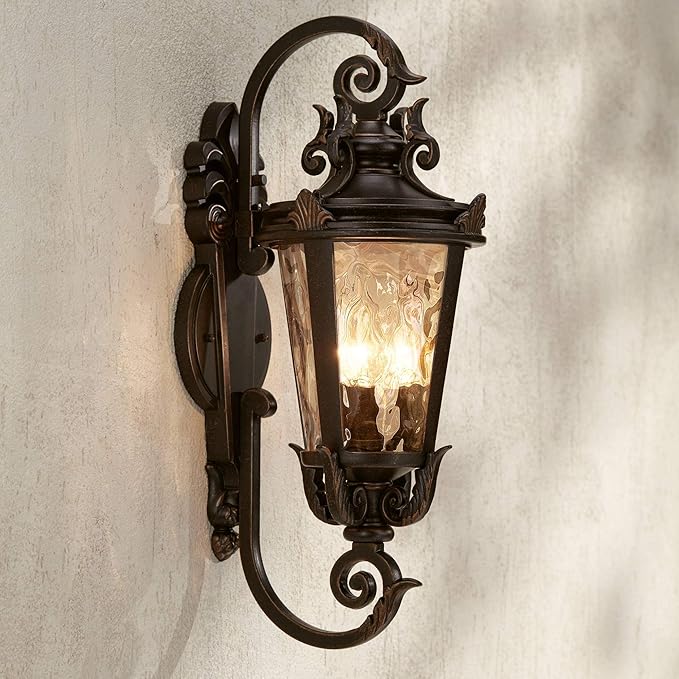 John Timberland Marseille Rustic Industrial Outdoor Wall Light Fixture Veranda Bronze Scroll 21 1/2" Champagne Hammered Glass for Exterior House Porch Patio Outside Deck Garage Front Door Home