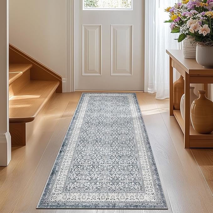 jinchan Floral Runner Rug 2x5 - Machine Washable Grey Vintage Distressed Design Soft Non-Slip Low-Pile Ultra-Thin Runner Rug for Kitchen Hallway Laundry Room Entryway Farmhouse (2‘x5', Grey)