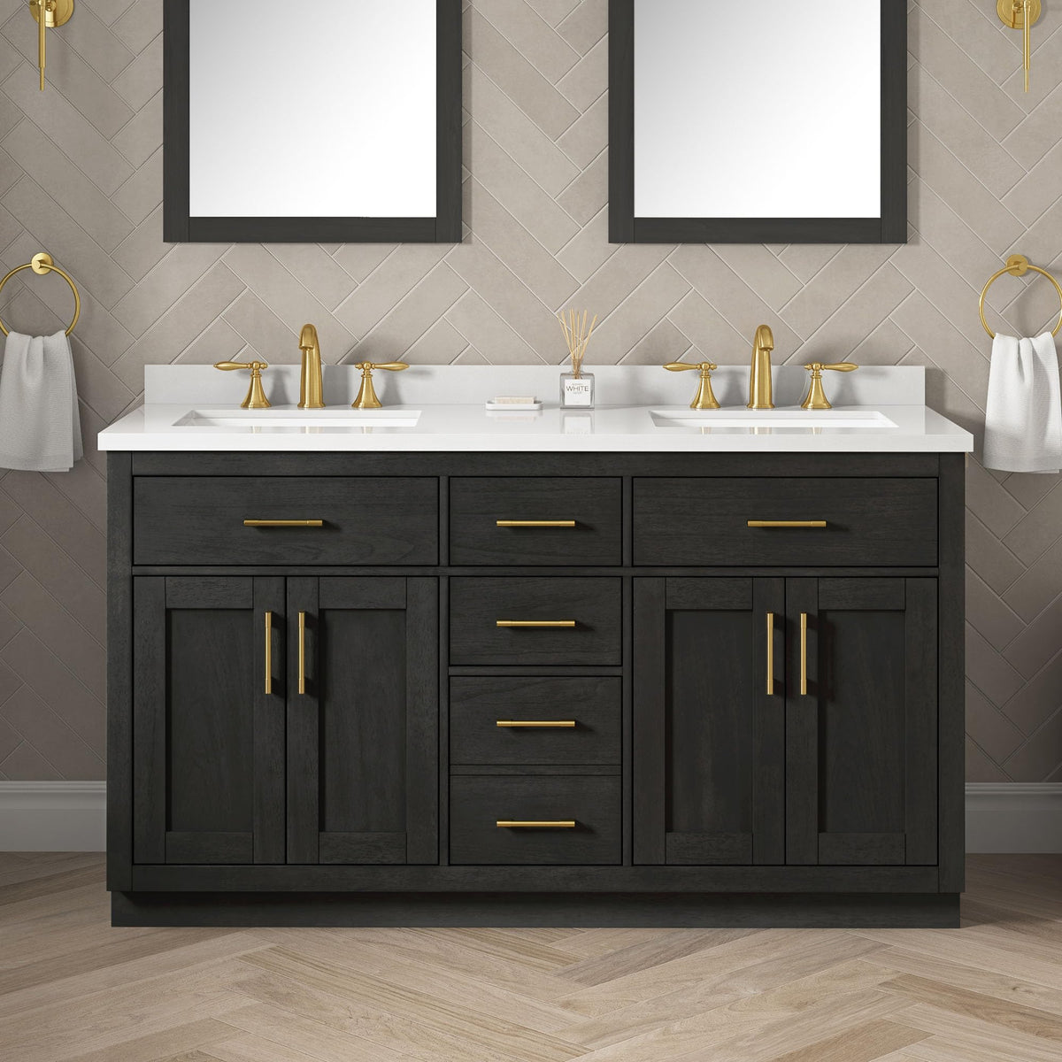 OVE Decors Bailey 60 in. Double Sink Freestanding Matte Black Wood Bathroom Vanity with White Quartz Top, Matching Backsplash and Power Bar