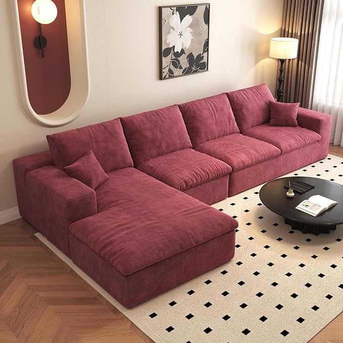136.6'' L-Shaped Modern Modular Sectional Cloud Couch, 4-Seat Chenille Deep-Seat Sofa with Pillow for Living Room, Bedroom, Apartment, Wine Red