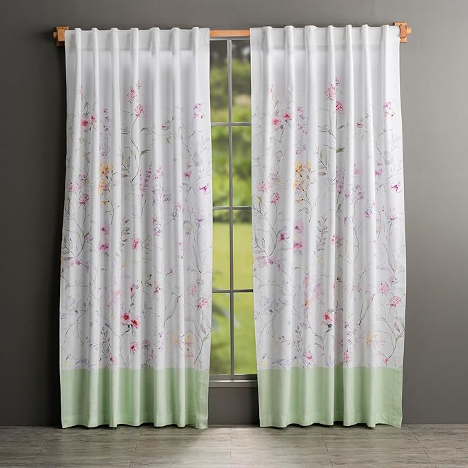 Maison d' Hermine Curtains for Living Room 100% Cotton 96 inch Length Two Panels Light Filtering Curtains for Bedroom Windows with Rod and Loop Pockets Drapes (Summer Floral Green, 50" W x 96" L)