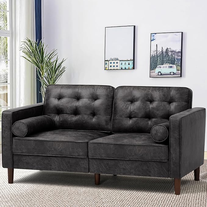 67" Suede Leather 2-seat Sofa with Two Bolster Pillows, Tufted Loveseat with Wooden Legs, Morden Sofa Suitable for Living Room, Office, Black