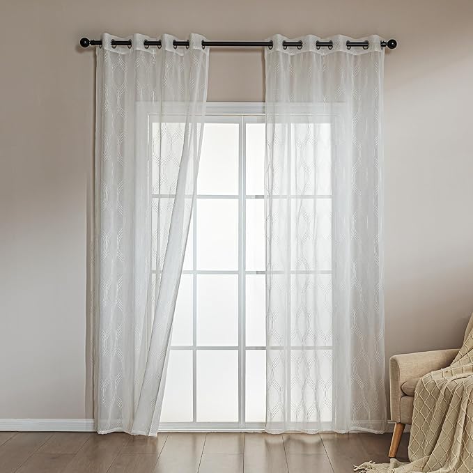 Amazon Basics 2-Piece Embroidery Sheer Curtain Set, Light Filtering Hollow Drapes for Living Room and Bedroom, 52" W × 95" L, White Classic Waves