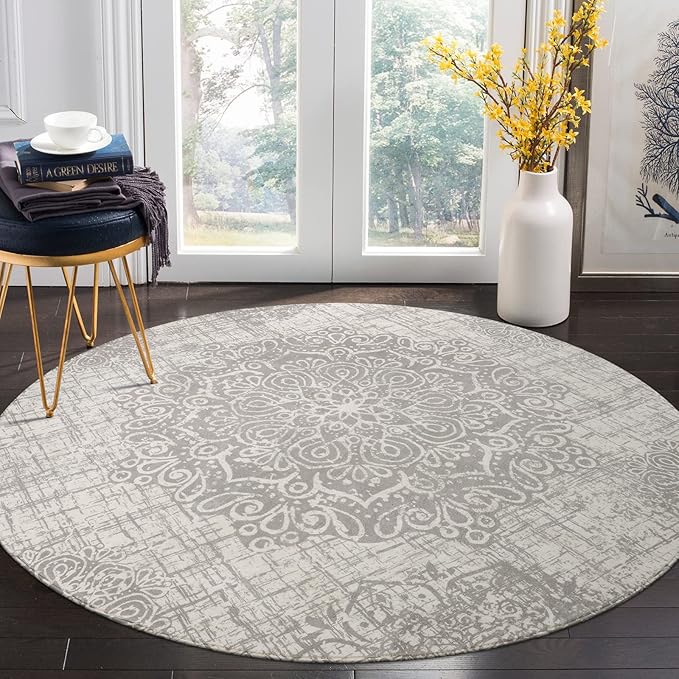 Lahome Medallion Round Rug - 5ft Machine Washable Round Bedroom Rugs Grey Non-Slip Throw Round Rugs for Living Room Vintage Distressed Circle Dinning Room Rug Large Round Carpet for Kitchen Office